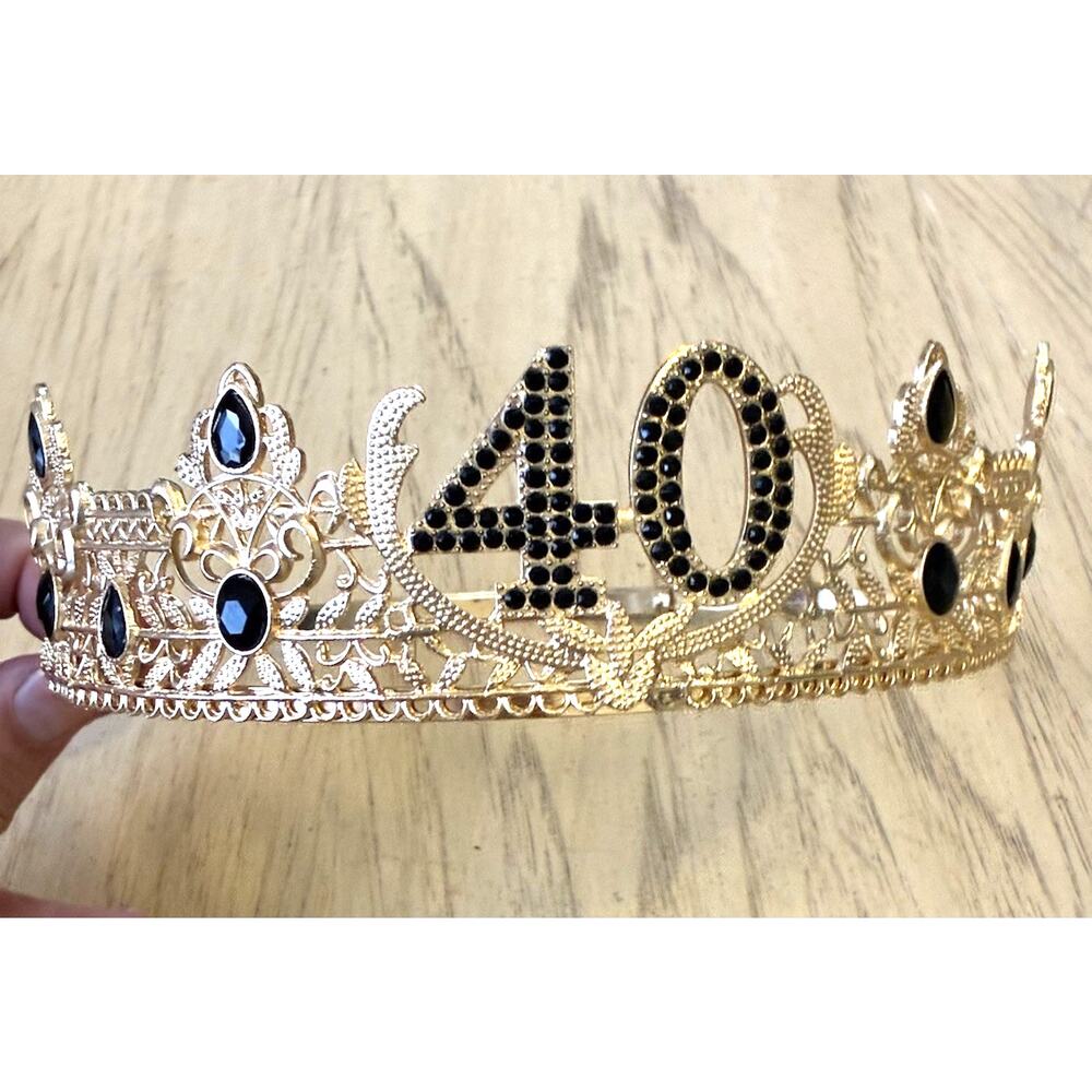 40Th Birthday Gold Crown Jewels Onyx Bling Women 40 Tiara Headband Black Party